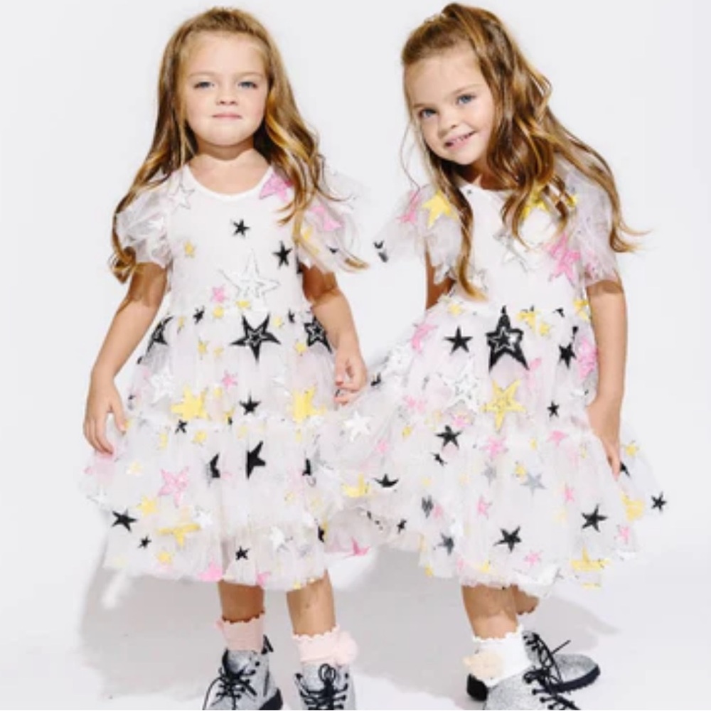 Lola + The Boys Starry White Dress with Pink, Yellow, and Black Accents